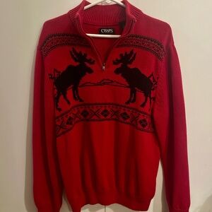 Chaps Red Zip-Up Sweater with Moose Design